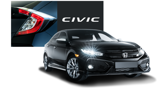 Trojštvrťový záber na model Honda Silver Line s logom Honda Civic.