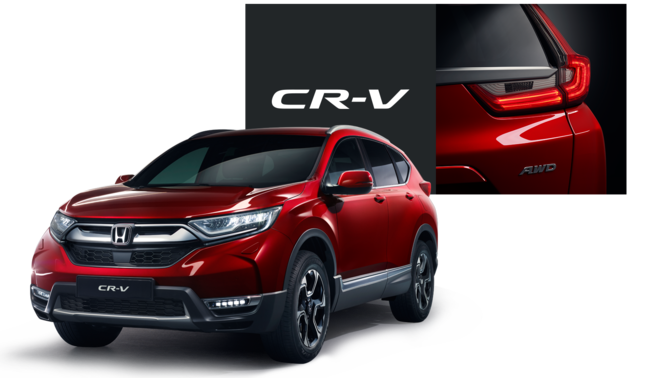 Predný trojštvrťový pohľad na Honda CR-V s priblíženým pohľadom na zadné svetlá a logo CR-V.