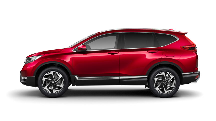Bočný pohľad na model Honda CR-V v metalickom laku Premium Crystal Red.