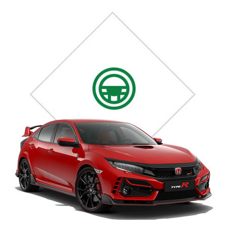 Predný trojštvrťový pohľad na Hondu Civic Type R s grafikou skúšobnej jazdy.
