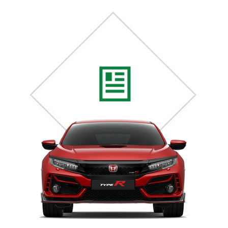 Predný pohľad na Hondu Civic Type R s grafikou katalógu.