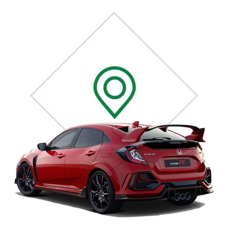 Zadný trojštvrťový pohľad na Hondu Civic Type R s grafikou predajného miesta.