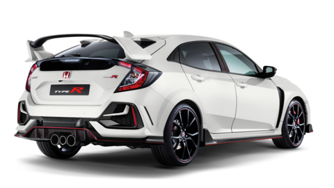 Trojštvrťový záber zozadu zľava na model Honda Type R v štúdiu.