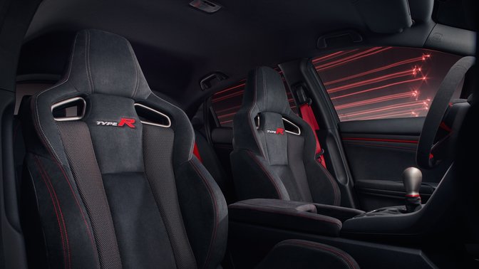 Close up of interior sport seats in Honda Civic Type R Euro car.