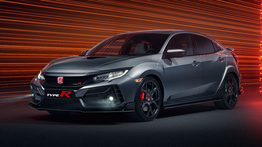 Trojštvrťový pohľad spredu na model radu Honda Civic Type R