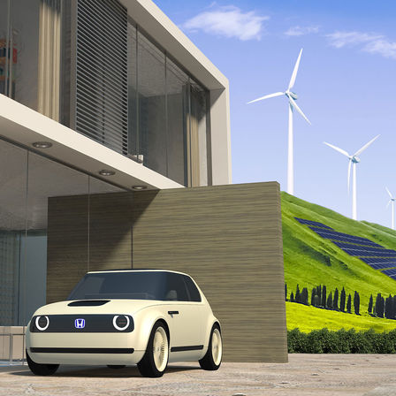 Predný trojštvrťový pohľad na model Honda Urban EV Concept využívajúci obnoviteľnú energiu.