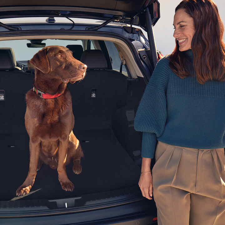 Pohľad zozadu na model Honda CR-V Hybrid so psom a figurantom sediacim v batožinovom priestore.