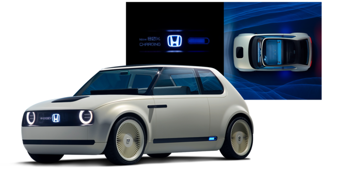 Trojštvrťový pohľad na prednú časť modelu Honda Clarity Fuel Cell s logom Honda.