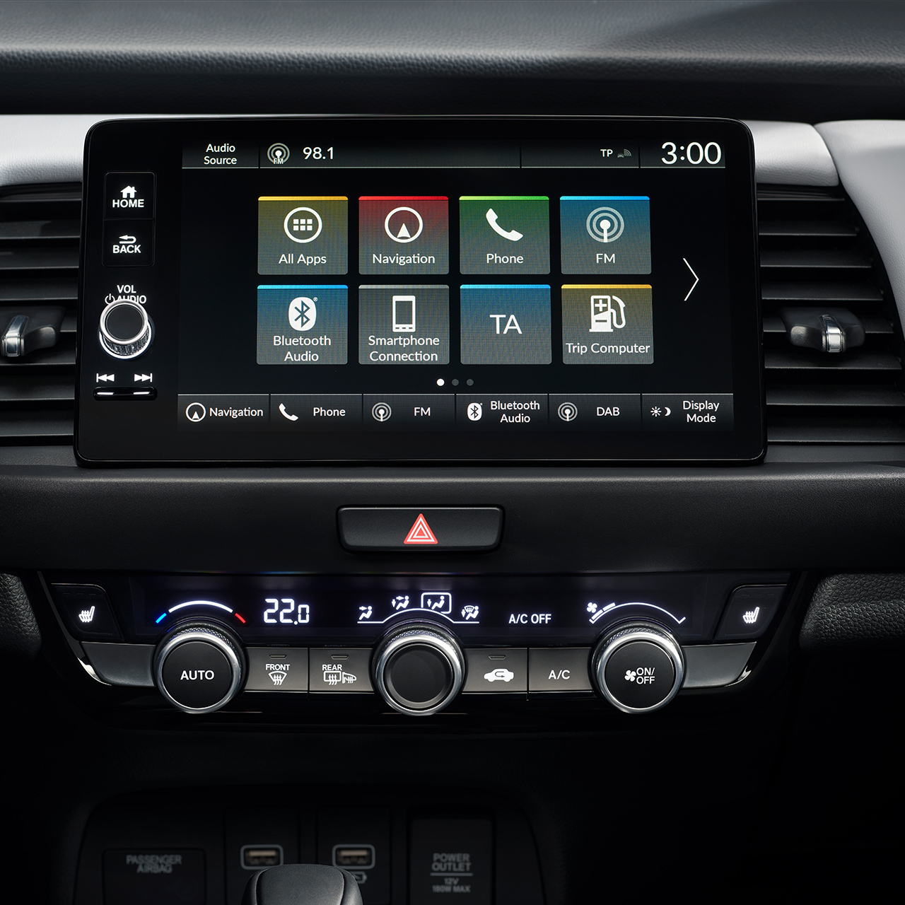 Detailný pohľad na informačno-zábavný systém Honda Jazz.