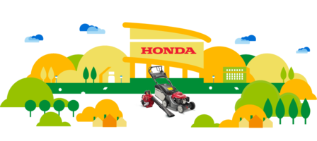 Ilustrácia predajcu Honda, fukár a kosačka.