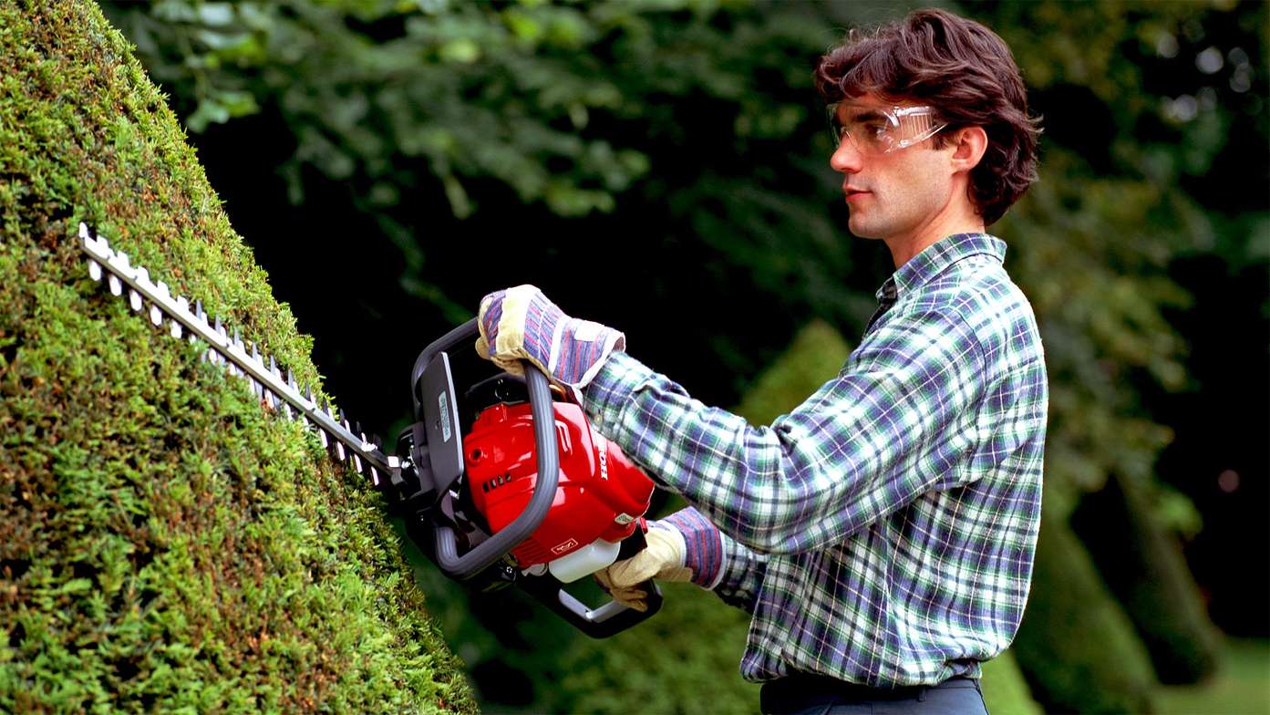 Close up of a Honda hedgetrimmer in use.