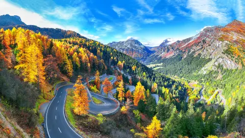 Úžasný pohľad na cestu v priesmyku Maloja v jesennom období. Farebná jesenná scenéria švajčiarskych Álp. Miesto: Priesmyk Maloya, región Engadine, kantón Grisons, Švajčiarsko, Európa