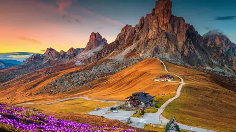 Nádherná horská krajina s jarnými kvetmi krókusov na kopci a nádhernými horami pri západe slnka, priesmyk Giau, Dolomity, Taliansko, Európa