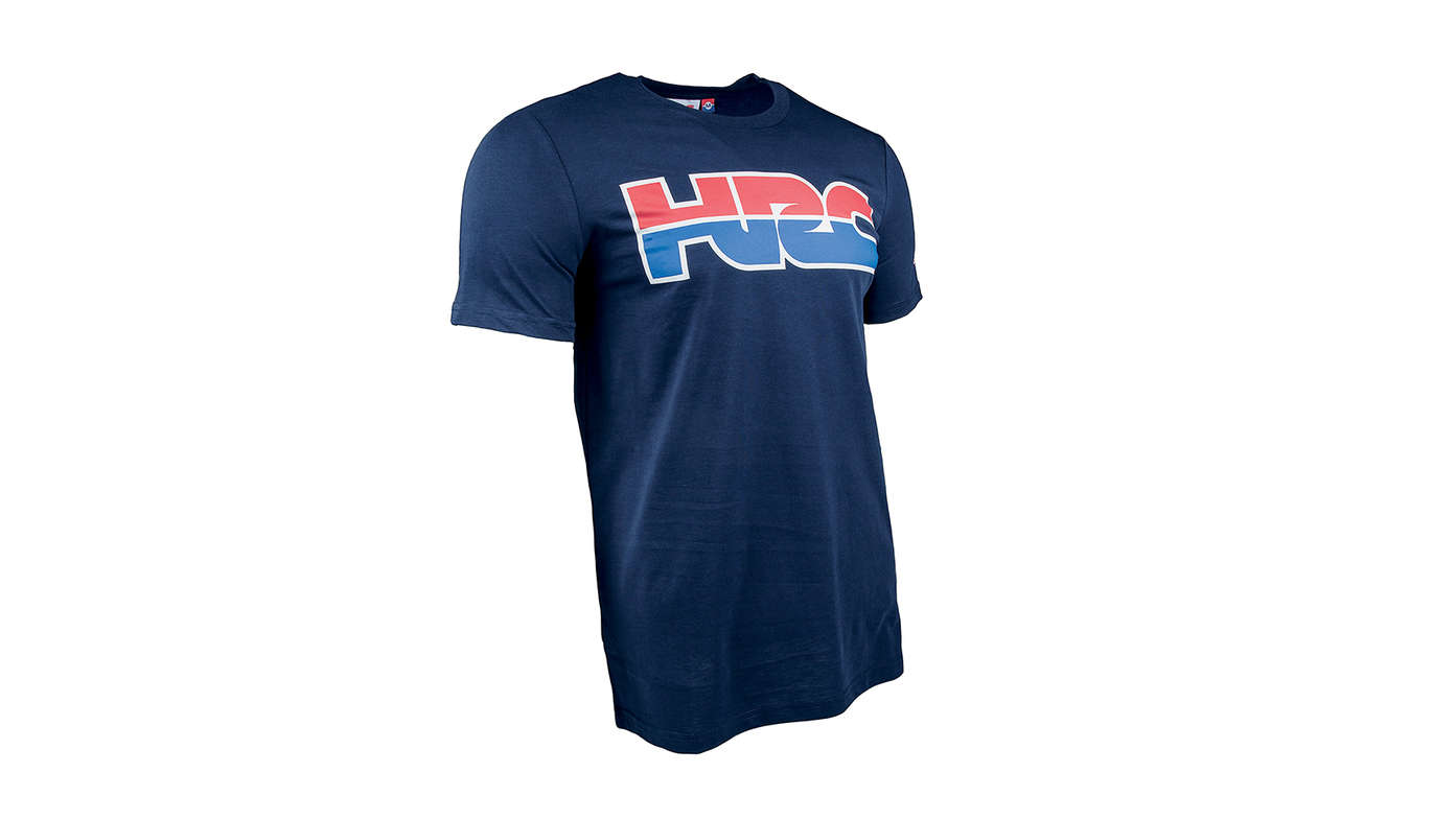 Modré pretekárske tričko HRC s logom spoločnosti Honda Racing Corporation.