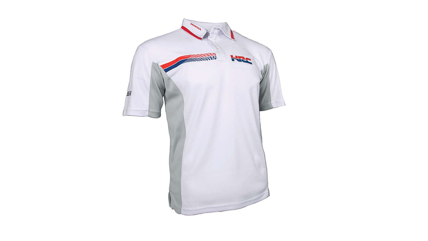 Biele pretekárske tričko HRC s golierom a vyobrazeným logom Honda Racing Corporation.