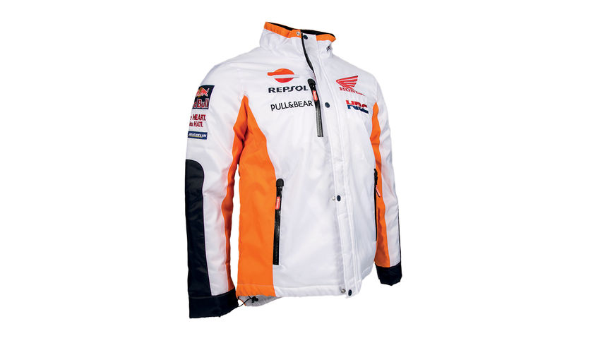 Biela zimná bunda Honda, tímové farby MotoGP a logo Repsol.