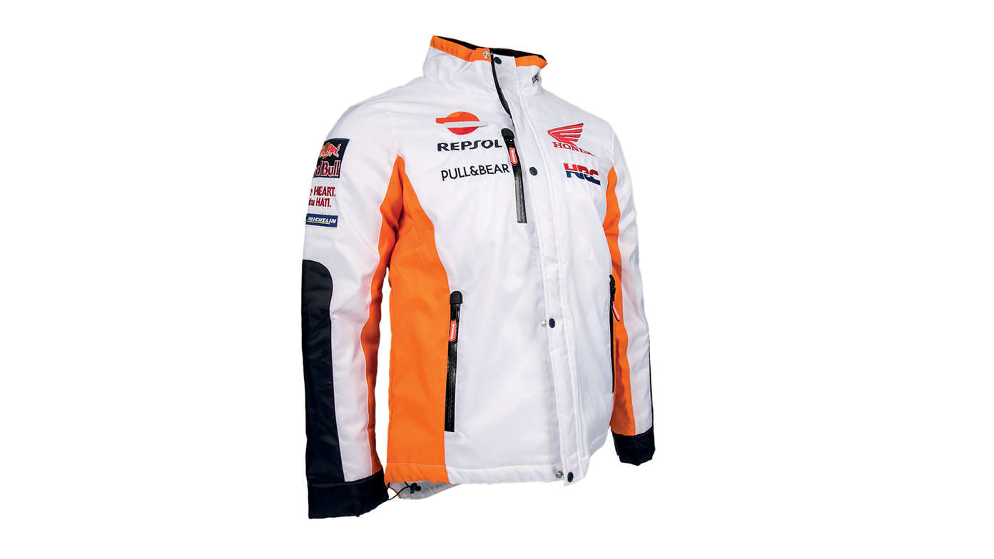 Biela zimná bunda Honda s farbami tímu MotoGP a logom Repsol.