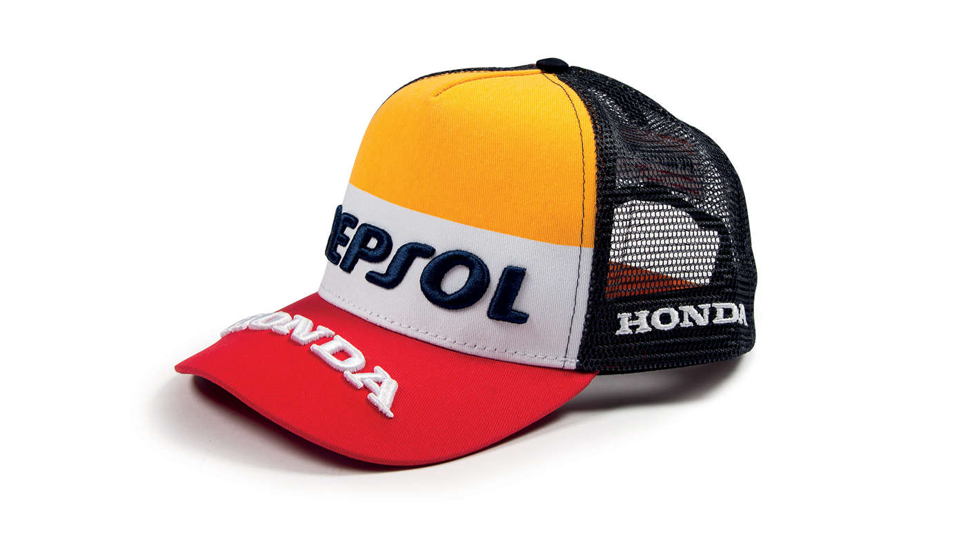 Čiapka vo farbách tímu Honda MotoGP – oranžová, biela a červená – s logom Repsol.