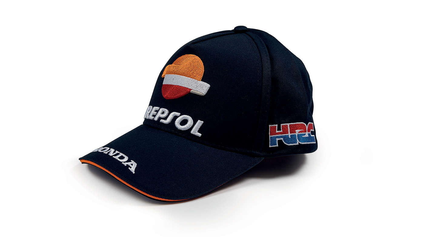 Modrá čiapka Honda s farbami tímu MotoGP a logom Repsol.