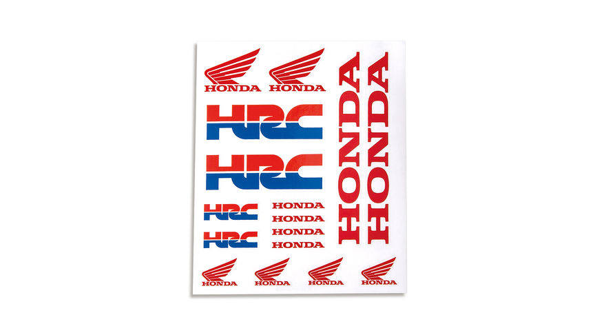 Súprava vinylových nálepiek Honda HRC vo farbách pretekárskeho tímu Honda HRC a s okrídlenými logami Honda.