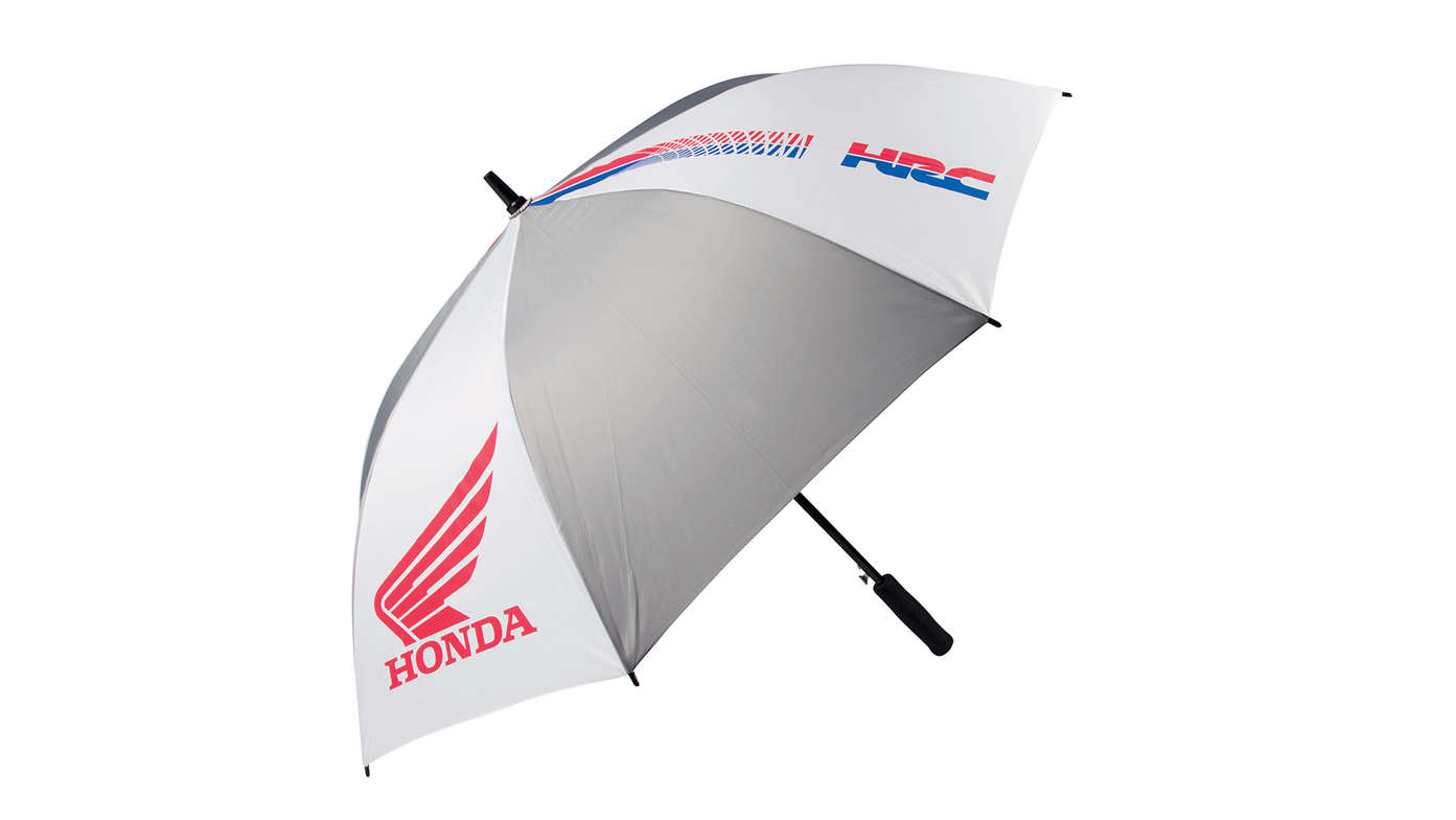 Sivý a biely dáždnik Honda HRC v tímových farbách HRC a s okrídleným logom Honda.