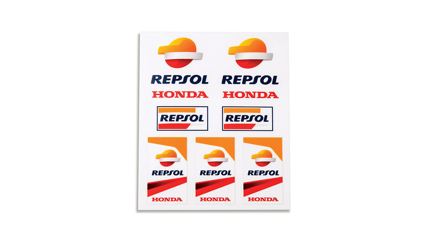 Súprava vinylových nálepiek Honda Repsol vo farbách tímu MotoGP a s logom Repsol.
