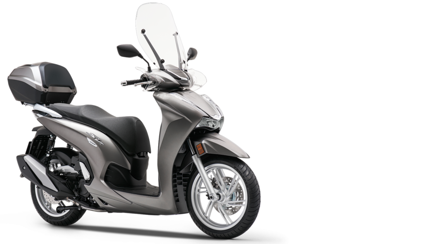 Predný trojštvrťový pohľad na model Honda SH300i s horným boxom a predným sklom.