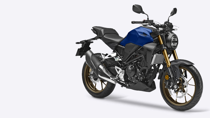 Predný trojštvrťový pohľad na motocykel Honda CB300R Neo Sports Café.