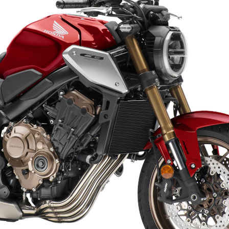 CB650R Neo Sports Café, priblížený pohľad z pravej strany na motor a predné koleso, štúdiový záber