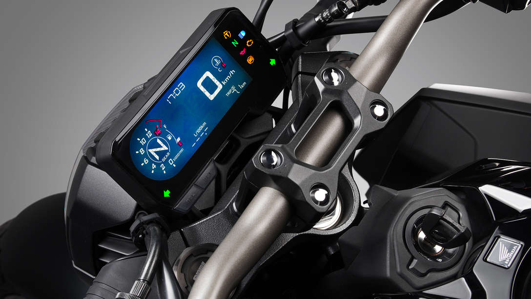 CB650R Neo Sports Café, priblížený pohľad spredu na kokpit